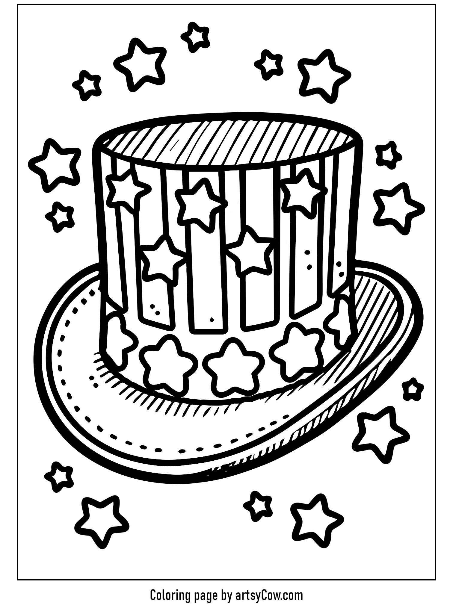 Presidents Day Coloring Pages featuring a patriotic hat with stars and stripes design, surrounded by scattered stars.